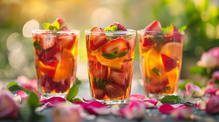 Three cups of brightly colored, slightly tipsy fruit tea, served in exquisite glasses. Each cup of fruit tea is garnished with fresh fruits such as strawberries and mint leaves, creating a fresh - obrazy, fototapety, plakaty