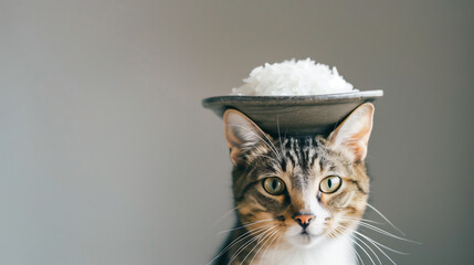 頭の上にご飯を載せられている猫