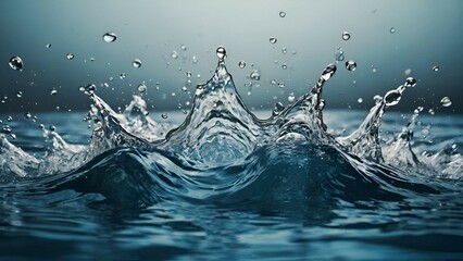 Water splash with ripples and waves on blue background. - obrazy, fototapety, plakaty