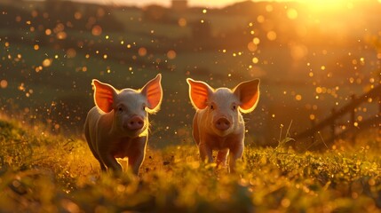 Dramatic sunset showdown  two piglets engage in a fierce battle on the farm hills - obrazy, fototapety, plakaty