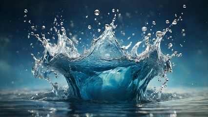 Water splash with ripples and waves on blue background. - obrazy, fototapety, plakaty