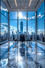 Executive Boardroom Overlooking Urban Landscape, Blue Sky, Generative AI - obrazy, fototapety, plakaty