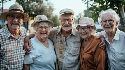 group of happy elderly people pose together for a photo