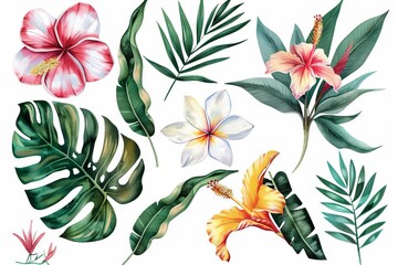 watercolor tropical summer flora illustration set