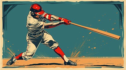 A cartoon baseball batter in mid swing with a blue background. - obrazy, fototapety, plakaty