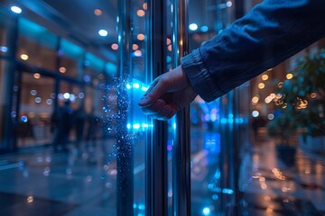 In a visual blend of human touch and digital technology, a hand engages with a futuristic interface sparking with energy