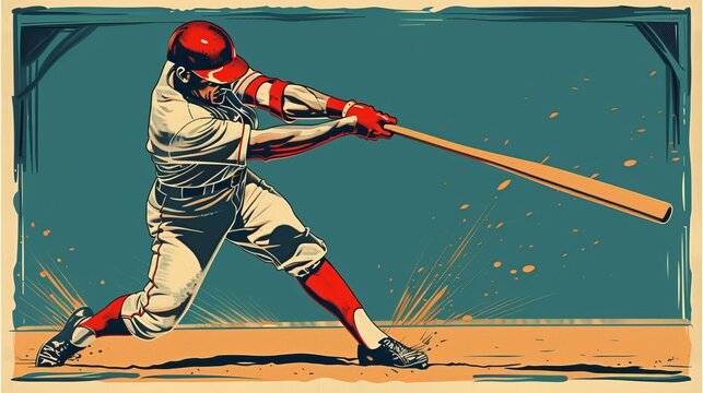 A cartoon baseball batter in mid swing with a blue background.