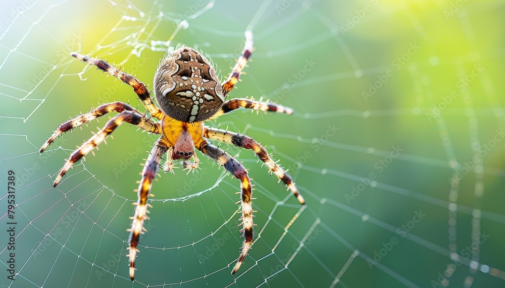 Wall mural detailed view of intricate hexagonal spiderweb with a spider positioned prominently at the center