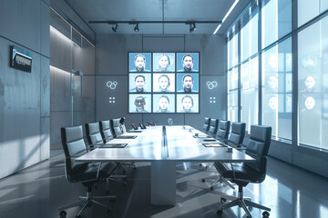 A conference room where AI algorithms analyze facial expressions and body language to provide real-time feedback on presentations and discussions.