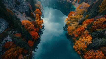Fototapeta premium Aerial Drone view of colorful top of the forest and fall lake