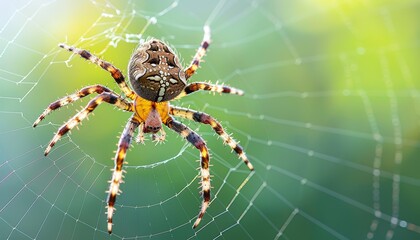 Detailed view of intricate hexagonal spiderweb with a spider positioned prominently at the center