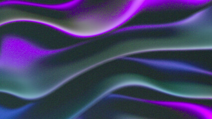 Abstract 3D holographic retro background 8K 16:9 with grain noise, rough, grunge texture for digital poster, wallpaper, cover, presentation. Purple, black, blue, sage green gradient wave, curves, flow