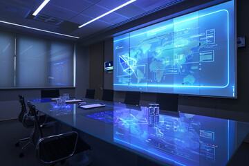 A holographic display system in a conference room, powered by AI algorithms to visualize complex data sets and presentations.