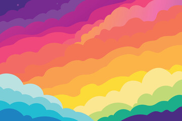 Fototapeta na wymiar Colorful watercolor background of abstract sunset sky with puffy clouds in bright rainbow colors of pink green blue yellow and purple vector