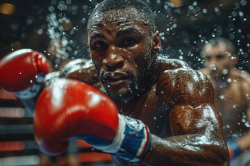Intense focus on a boxer's face, sweat glistening, with dynamic action in the ring