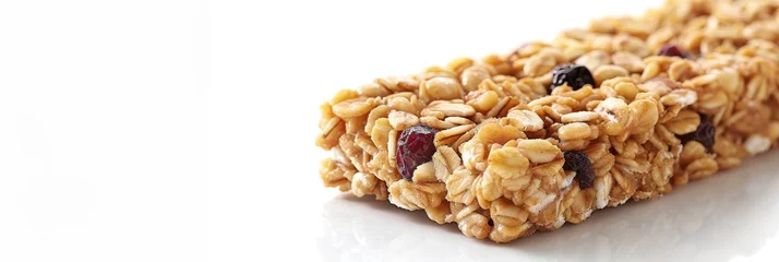 Tuinposter Close up of a chewy granola bar with a bite, emphasizing soft texture and flavorful mix ins © Maksym