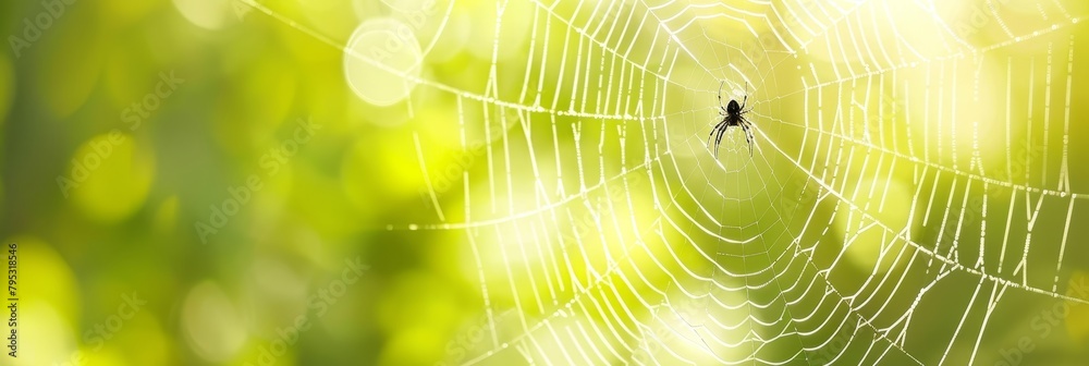 Wall mural detailed view of intricate hexagonal spider web with a spider positioned at the center
