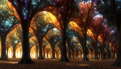 Surreal composition of a whispering forest with trees 