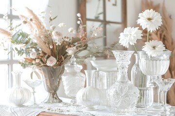 Antique-inspired decor elements against a soft transparent white surface, evoking vintage charm