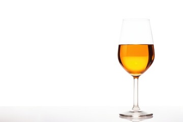 A transparent wine glass filled with white wine on a clean white background. Minimalistic White Wine Glass on White Backdrop