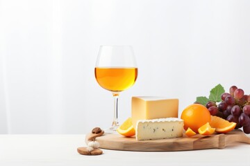 Cheese selection with grapes, oranges, and orange wine on a wooden board against a white background. Cheese Platter with Grapes and Orange Wine