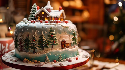 Obraz na płótnie Canvas A beautifully decorated Christmas cake with festive colors and a winter scene
