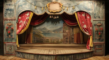 An empty theater stage with a painted backdrop.