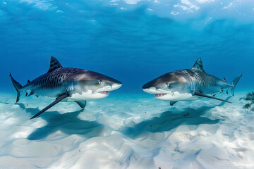 Two tiger sharks circle each other.