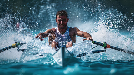 Portrait of a male athlete participating in canoeing or kayaking competitions at the Olympic Games, water sports. canoeing.