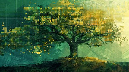 A digital painting of a tree with its branches forming interconnected blocks, representing decentralization - obrazy, fototapety, plakaty