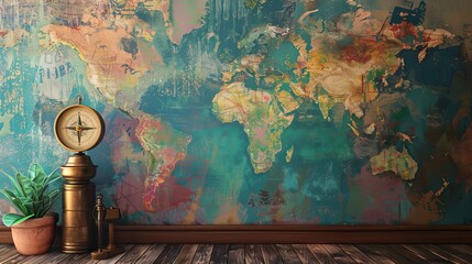 Artistic world map with a compass and a spyglass on the wooden floor - obrazy, fototapety, plakaty