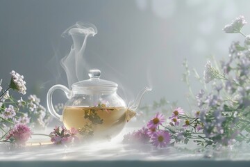 A teapot with steam coming out of it is sitting on a table with flowers - Powered by Adobe