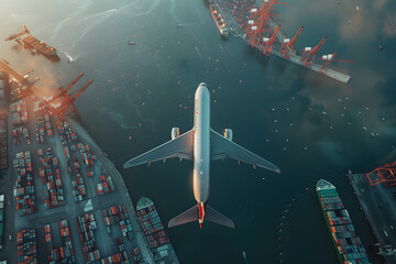 A commercial airplane flying over a busy international shipping harbor, illustrating global trade routes