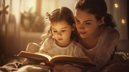 Mãe lendo um livro de historias para sua filha 