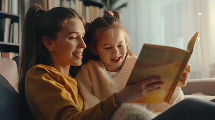 Mãe lendo um livro de historias para sua filha  - obrazy, fototapety, plakaty