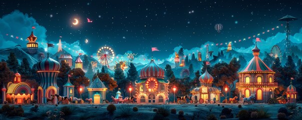 A whimsical digital painting of a colorful circus at night with a starry sky and a crescent moon.