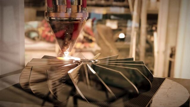 A modern 3D printer is printing a metal turbine. The future of machine part manufacturing. 3d render, time lapse video
