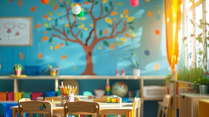 A classroom with a tree mural on the wall, a table with chairs, and a shelf with toys. - obrazy, fototapety, plakaty