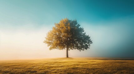 Lonely tree standing in a foggy field under a blue sky, capturing the essence of a rural landscape in autumn - obrazy, fototapety, plakaty