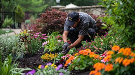 A gardener carefully planting colorful flowers and shrubs in a landscaped garden, creating a vibrant and inviting outdoor space.