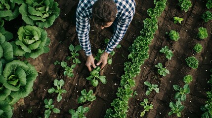 A gardener planting seedlings in neat rows in a vegetable patch, preparing the garden for a season of homegrown produce.