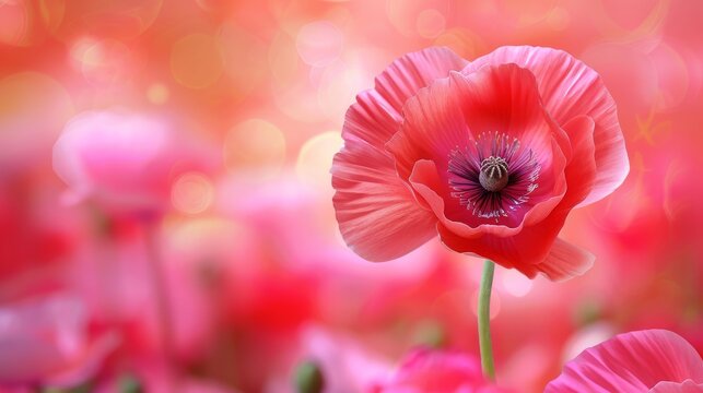 A beautiful macro image of red poppy flowers blossoming in a garden on a sunny day