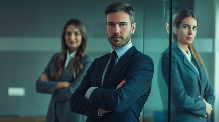 Homem de braços cruzados vestindo terno no escritório com sua equipe no fundo 