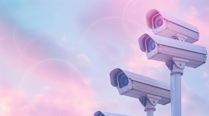 Professional white security cameras with holographic accents on soft pastel background