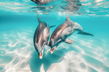 Two dolphins playfully chase each other.