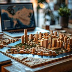 A wooden model of a city with a river running through it sits on a desk. Behind the model is an open laptop with a map of the world on the screen.