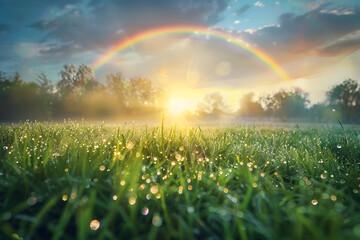 Naklejka premium A peaceful early morning stretch on a lush meadow with dew on the grass, a faint rainbow arching in the distant sky