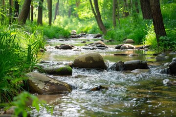 Naklejka na ściany i meble Babbling brook flowing over smooth river stones in a peaceful forest setting