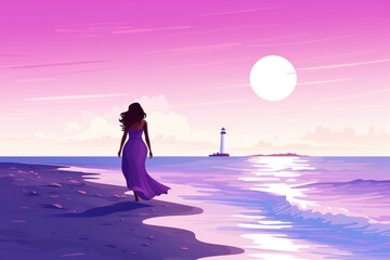 young woman in purple dress walk on the beach illustration