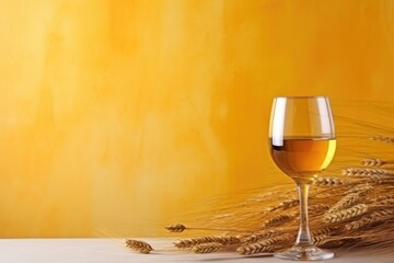 A stemmed glass filled with white wine beside golden wheat ears on a yellow background, evoking a rustic yet sophisticated atmosphere. Elegant Glass of White Wine with Wheat Ears